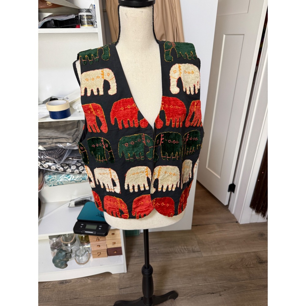 Vintage Karat Elephant Appliqué Vest 100% Cotton Made in India
